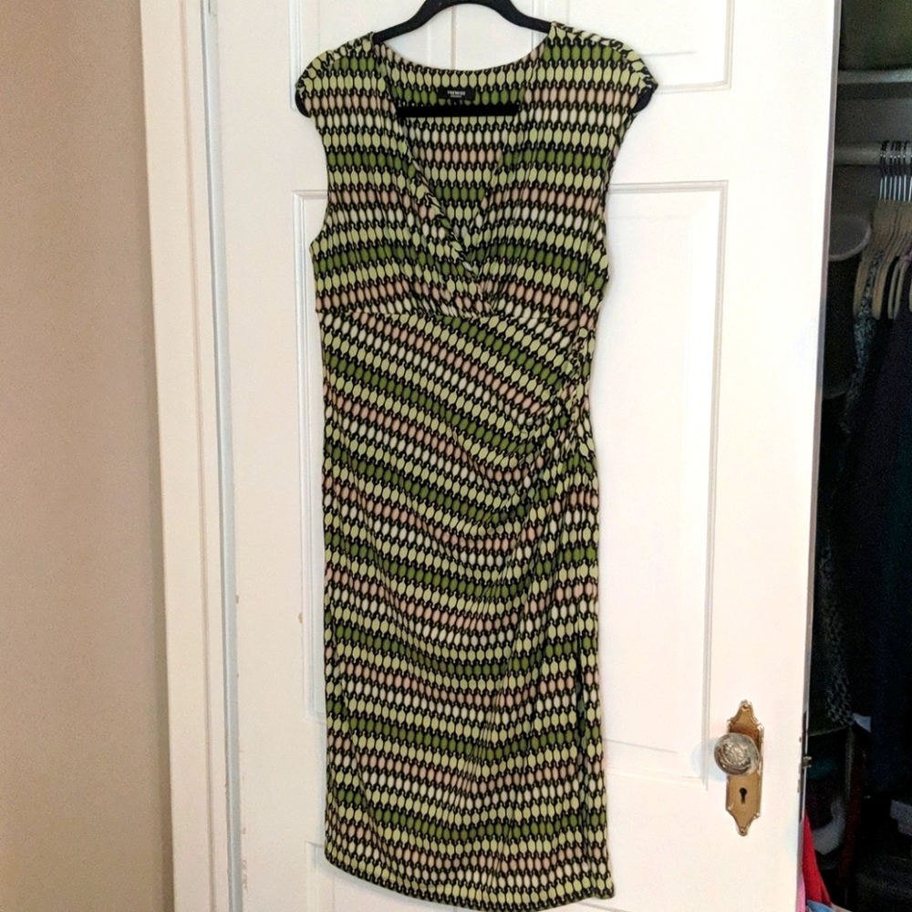 Premise faux-wrap dress, retro green print, L